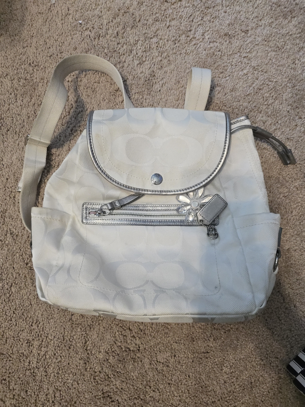 Coach Cream Backpack with Silver Trim and Floral Charm